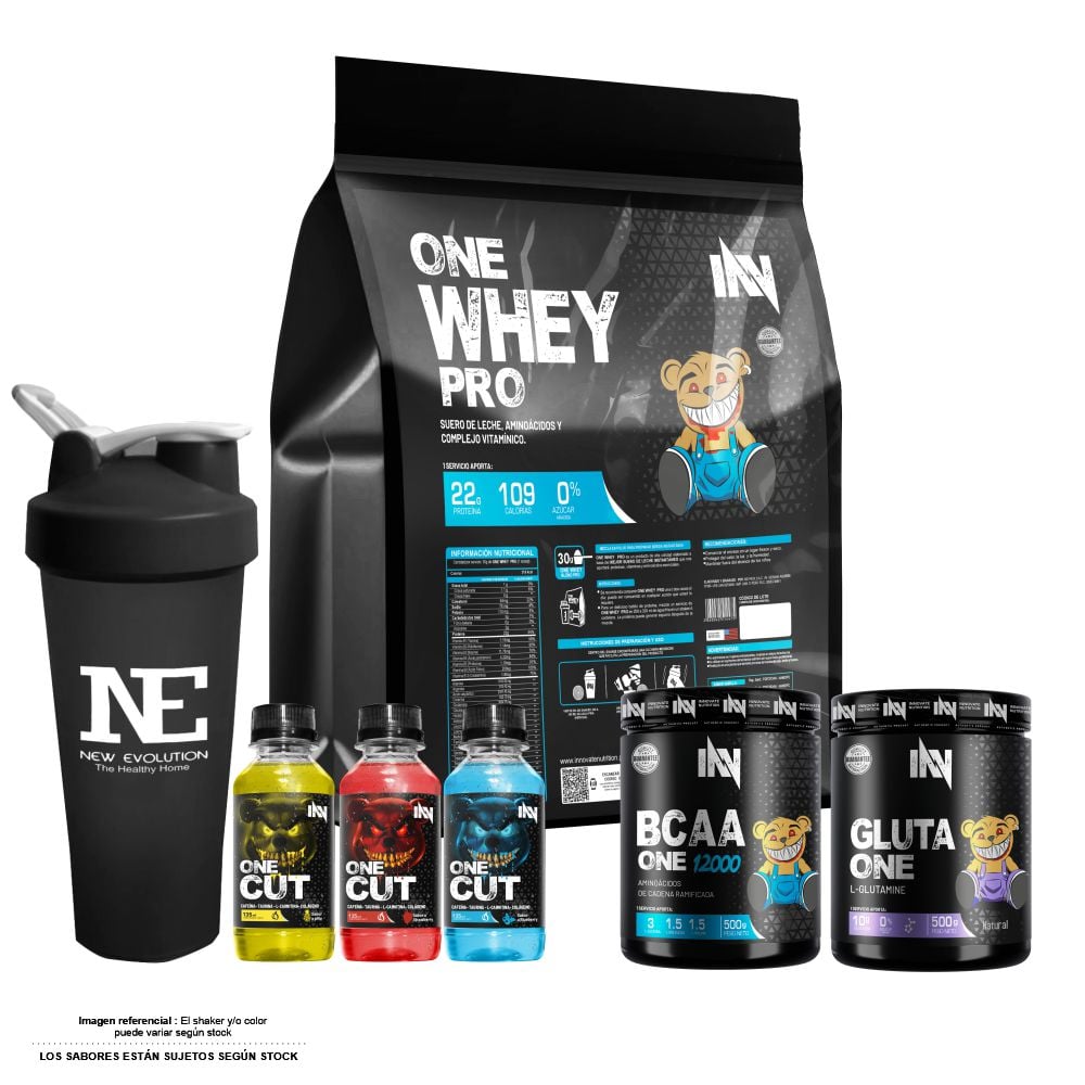 COMBO INNOVATE NUTRITION - ONE WHEY PRO 5 KG. CHOCOLATE + GLUTA ONE 500 GR. + BCAA ONE 12000 500 GR. NARANJA + SHAKER - 1