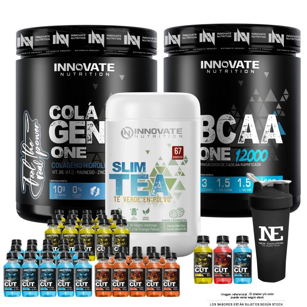 COMBO INN - BCAA ONE 500 GR. FRUIT PUNCH + COLÁGENO ONE 500 GR FRUIT PUNCH + SLIM TEA 100 GR. + 3 ONE CUT PACK + SHAKER - 1