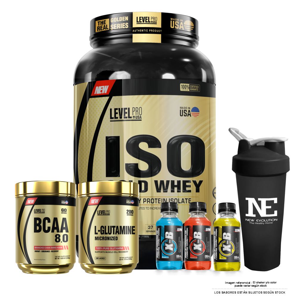 COMBO LEVEL PRO - ISO GOLD WHEY 2.43 LIBRAS VAINILLA CREAM + BCAA 8.0 540GR. FRUIT PUNCH + GLUTAMINE 500 GR. + SHAKER - 1