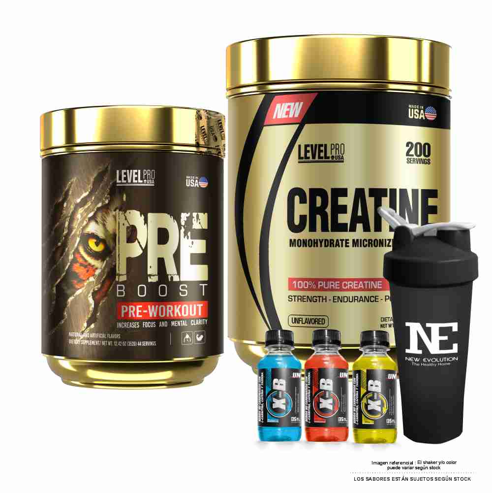 COMBO LEVEL PRO - CREATINE 500 GR. + PRE BOOST 352 GR. FRUIT PUNCH + SHAKER - 1
