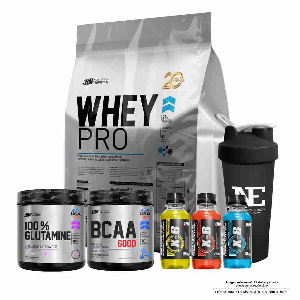 COMBO UNIVERSE NUTRITION - WHEY PRO 5 KG. COOKIE + 100% GLUTAMINE 500 GR. + BCAA 6000 490GR. CITRUS PUNCH+ SHAKER - 1