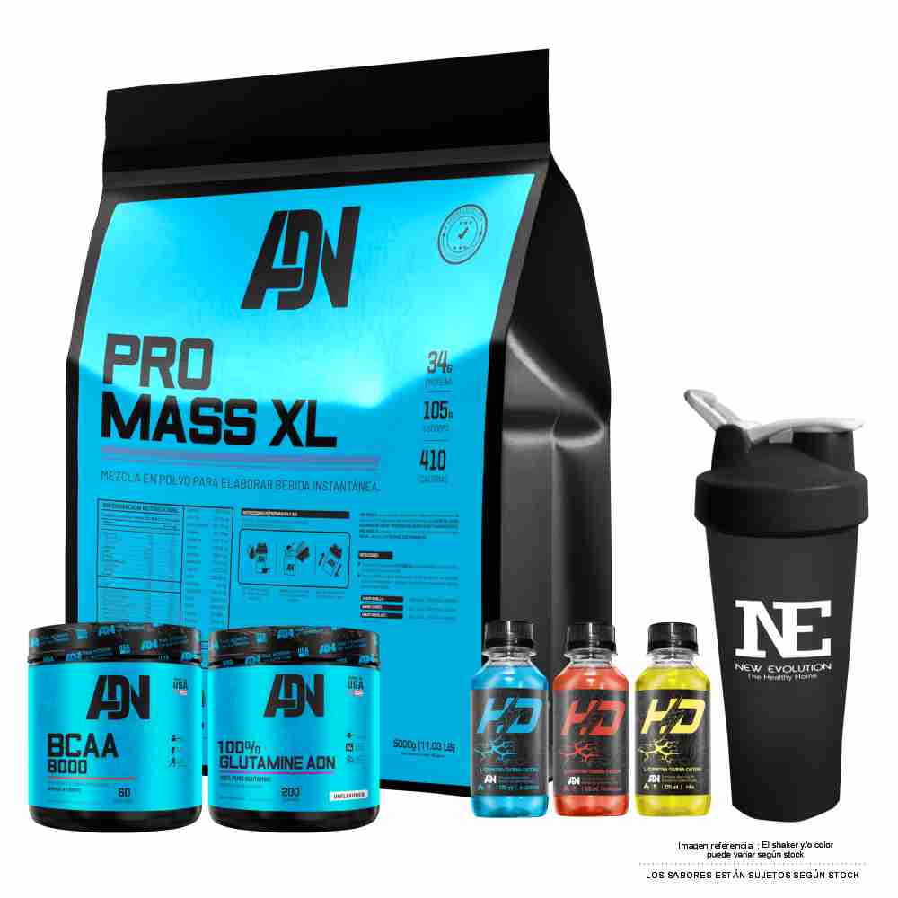 COMBO ADN NUTRITION - PRO MASS XL 5 KG. VAINILLA + BCAA 8000 540 GR. MANZANA + 100% GLUTAMINE ADN 500 GR. NATURAL + SHAKER - 1