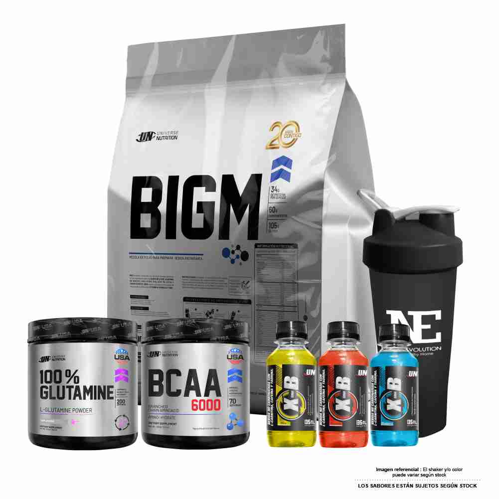 COMBO UNIVERSE NUTRITION - BIGM 5 KG. CHOCOLATE +  100% GLUTAMINE 500 GR. + BCAA 6000 490 GR. FRUIT PUNCH + SHAKER - 1