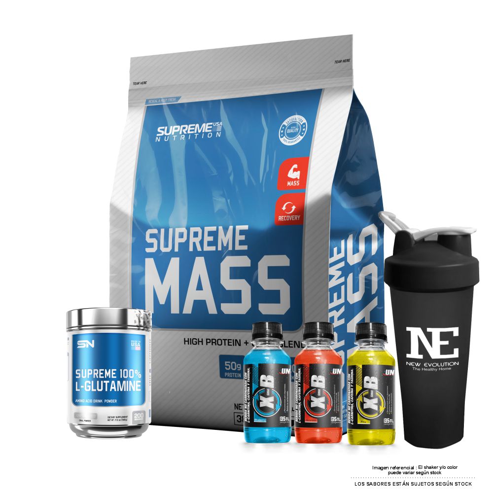 COMBO SUPREME NUTRITION - SUPREME MASS 10 LIBRAS COOKIE + SUPREME 100% GLUTAMINE 500 GR. + SHAKER - 1