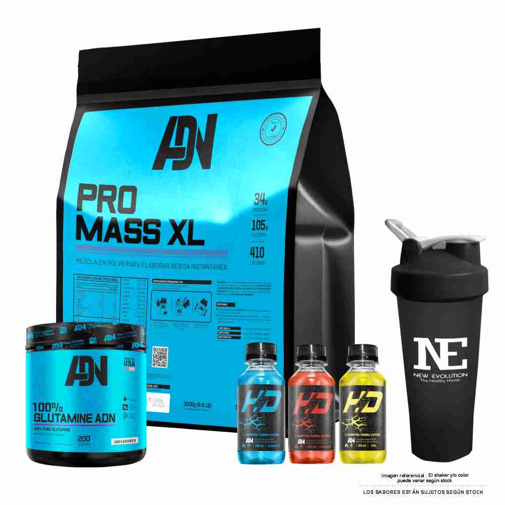COMBO ADN NUTRITION - PRO MASS XL 5 KG. VAINILLA + 100% GLUTAMINE ADN 500 GR. NATURAL + SHAKER - 1