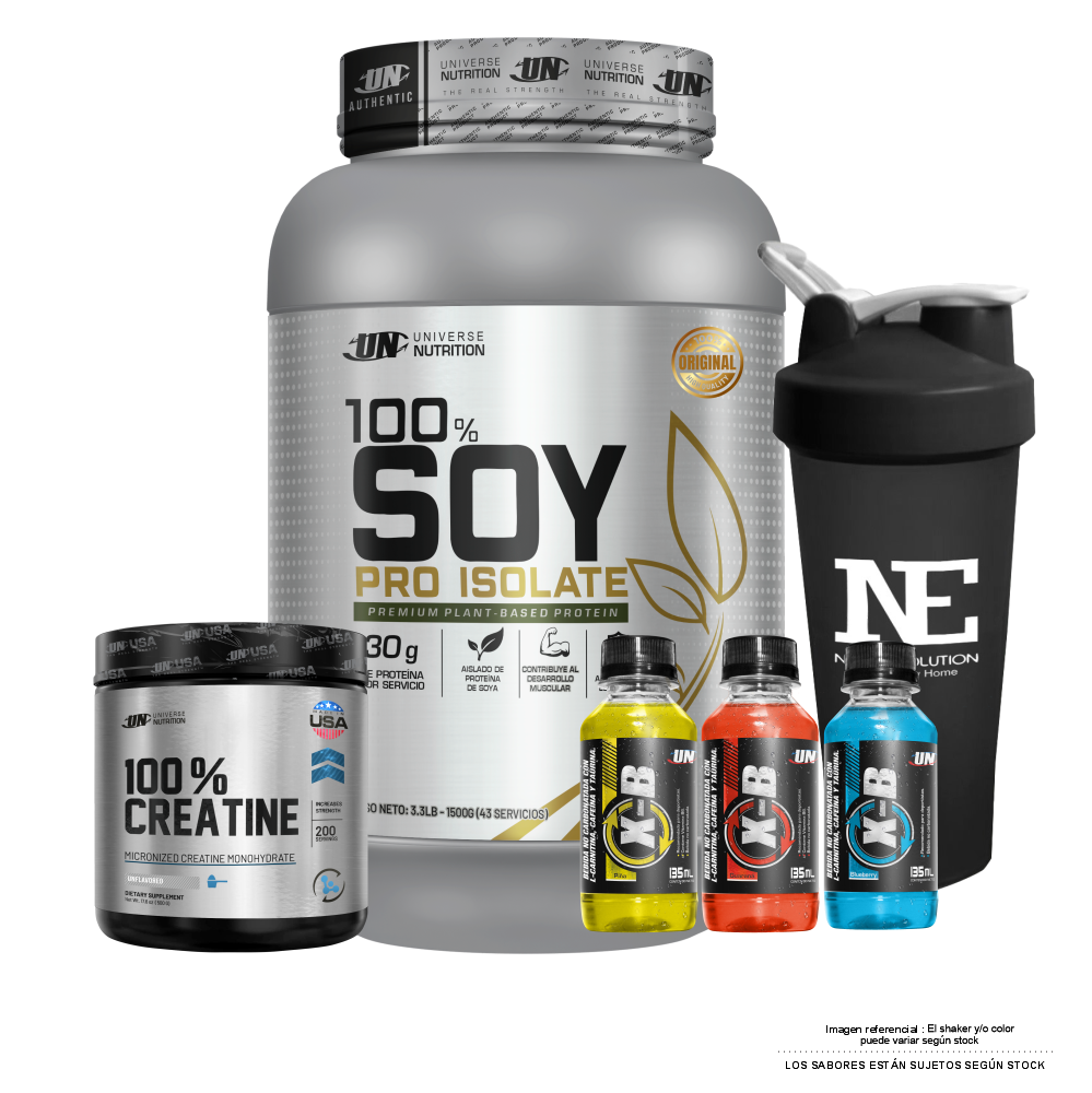 COMBO UNIVERSE NUTRITION - 100% SOY PRO ISOLATE 1.500 KG. CHOCOLATE + 100% CREATINE 500 GR. + SHAKER - 1
