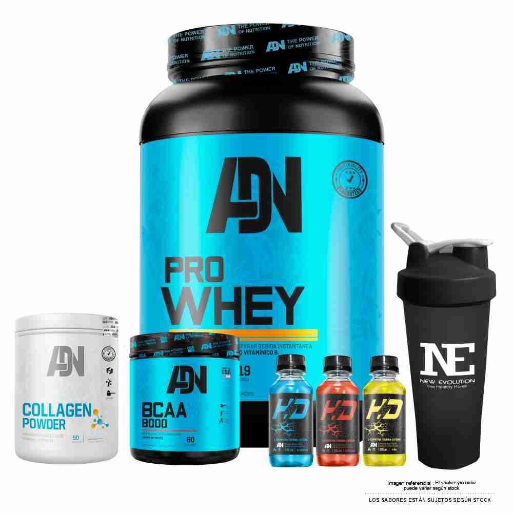 COMBO ADN NUTRITION - PRO WHEY 1.100 KG. CHOCOLATE + COLLAGEN POWDER 500 GR. NARANJA + BCAA 8000 540 GR. FRUIT PUNCH + SHAKER - 1