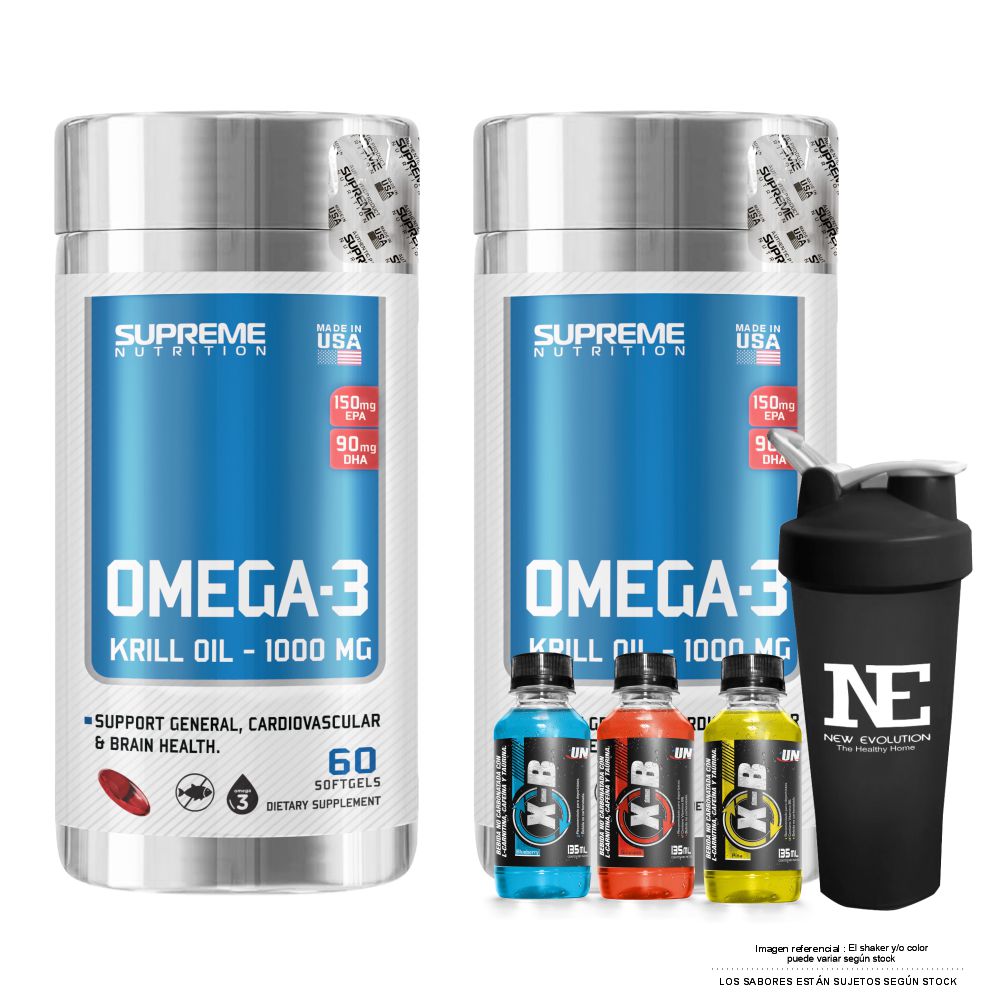 COMBO SUPREME NUTRITION - 2 OMEGA-3 KRILL OIL + SHAKER - 1