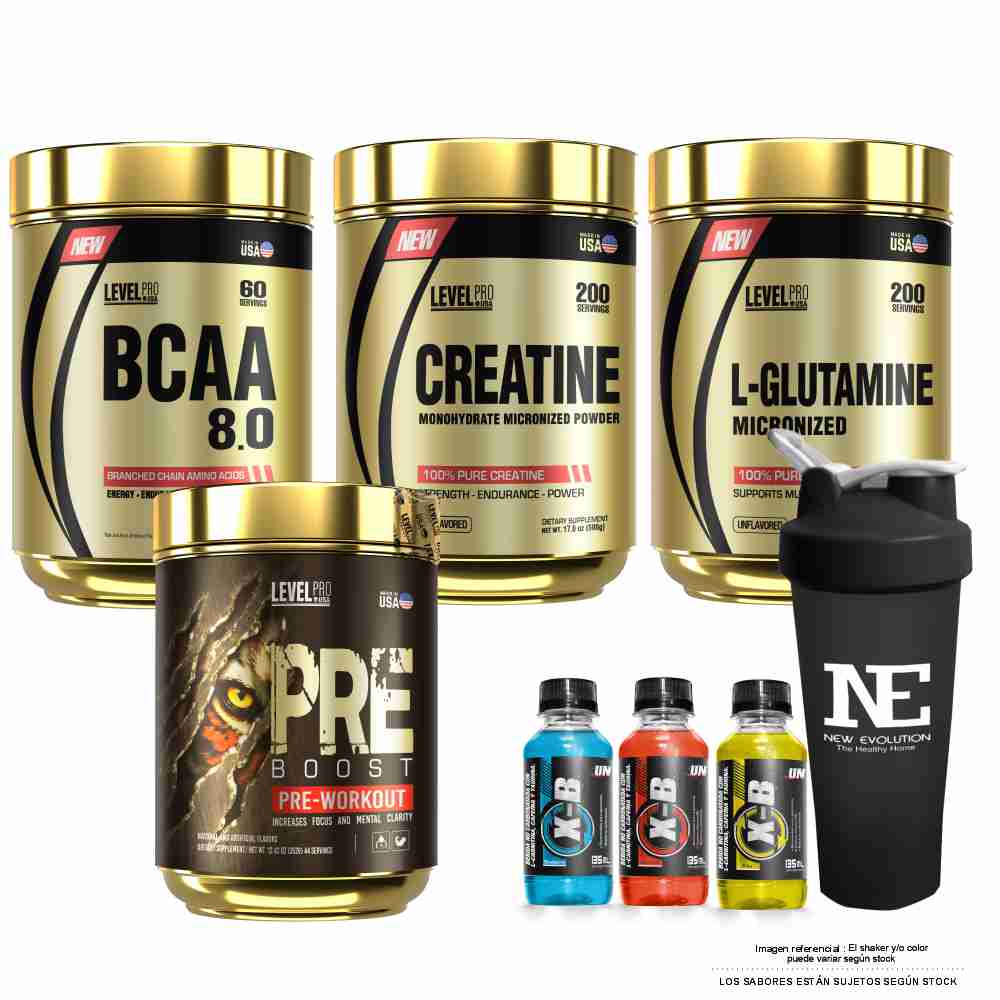 COMBO LEVEL PRO - GLUTAMINE 500 GR. + CREATINE 500 GR. + BCAA 8.0 540GR. CITRUS PUNCH + PRE BOOST 352 GR. GREEN APPLE + SHAKER - 1