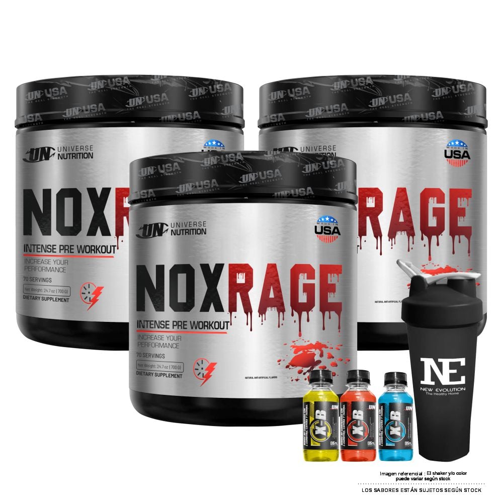 COMBO UNIVERSE NUTRITION - 3 NOX RAGE 700 GR. CITRUS PUNCH + SHAKER - 1