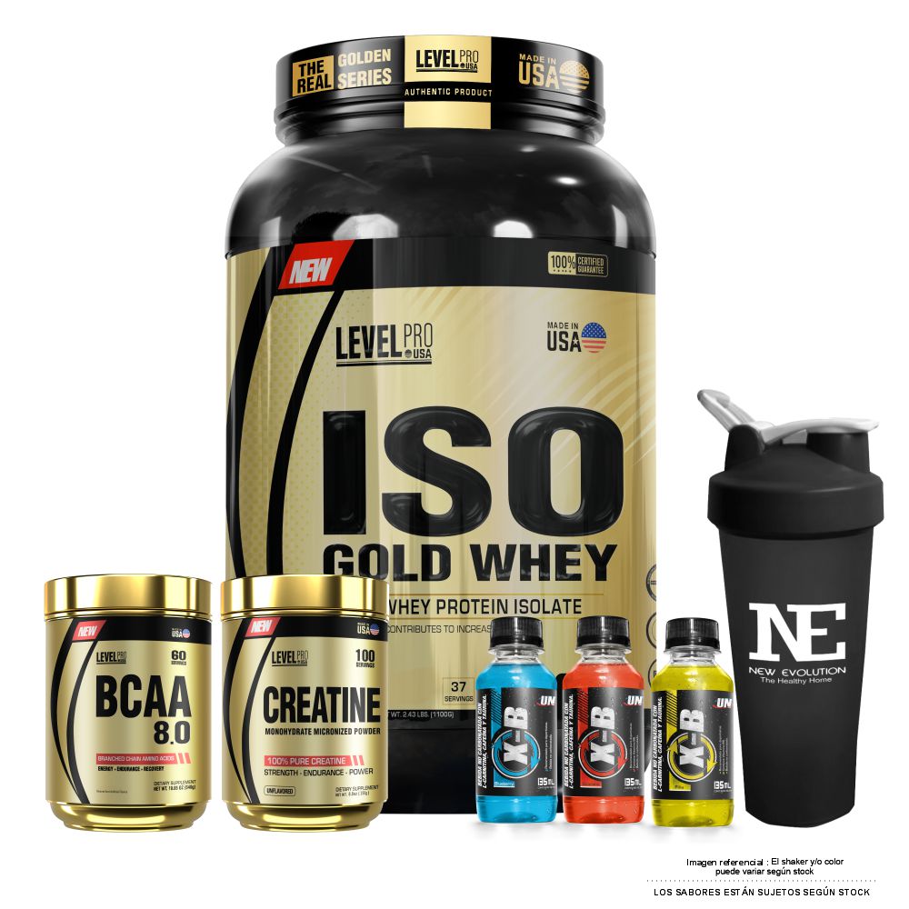 COMBO LEVEL PRO - ISO GOLD WHEY 2.43 LIBRAS CHOCOLATE + BCAA 8.0 540GR. FRUIT PUNCH + CREATINE 500 GR. + SHAKER - 1