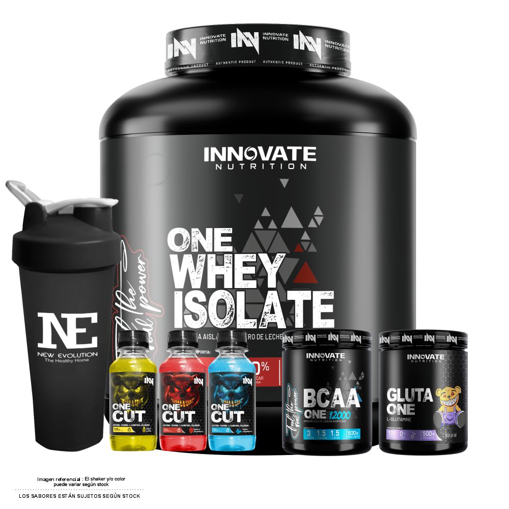 COMBO INNOVATE NUTRITION - ONE WHEY ISOLATE 2.5KG. CHOCOLATE + GLUTA ONE 500 GR. + BCAA ONE 12000 500 GR. FRUIT PUNCH + SHAKER - 1