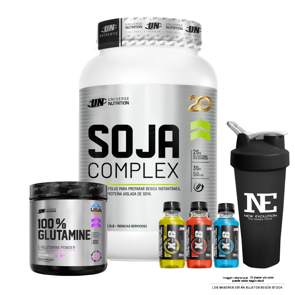 COMBO UNIVERSE NUTRITION - SOJA COMPLEX 1.500 KG. VAINILLA + 100% GLUTAMINE 500 GR. + SHAKER - 1