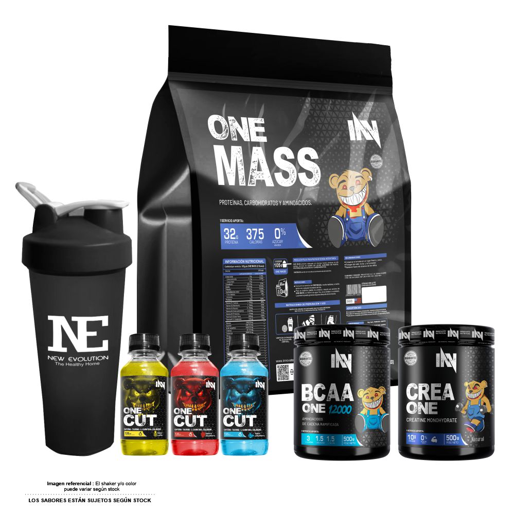COMBO INNOVATE NUTRITION - ONE MASS 3 KG. VAINILLA + CREA ONE 500 GR. + BCAA ONE 12000 500 GR. NARANJA + SHAKER - 1