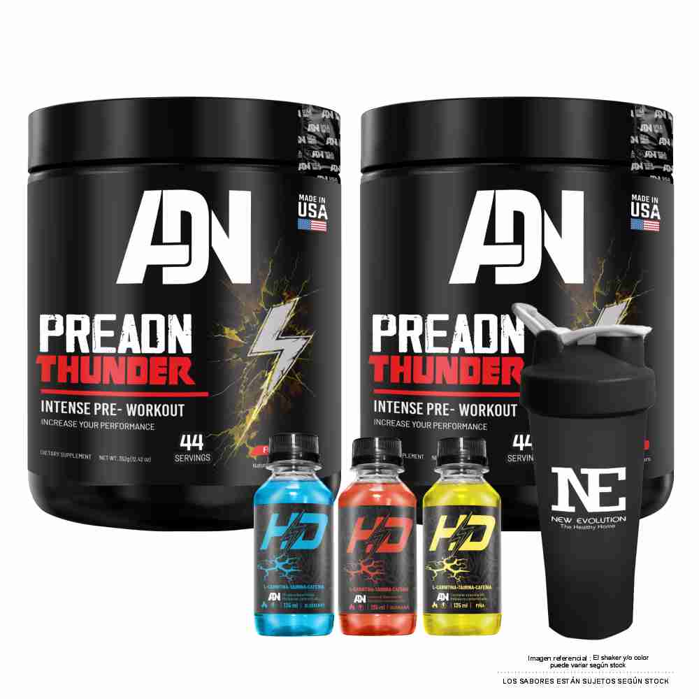 COMBO ADN NUTRITION - 2 PRE ADN THUNDER 352 GR. FRUIT PUNCH + SHAKER - 1