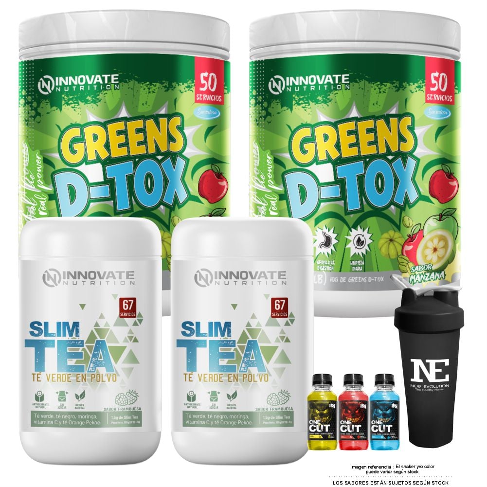 COMBO INNOVATE NUTRITION - 2 SLIEM TEA 100GR + 2 GREENS D-TOX 500 GR. MANZANA + SHAKER - 1