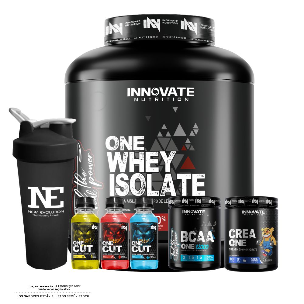 COMBO INNOVATE NUTRITION - ONE WHEY ISOLATE 2.5KG. VAINILLA + CREA ONE 500 GR. + BCAA ONE 12000 500 GR. NARANJA + SHAKER - 1