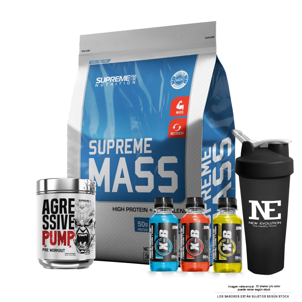 COMBO SUPREME NUTRITION - SUPREME MASS 10 LIBRAS VAINILLA + AGRESSIVE PUMP 350 GR. WATERMELON + SHAKER - 1
