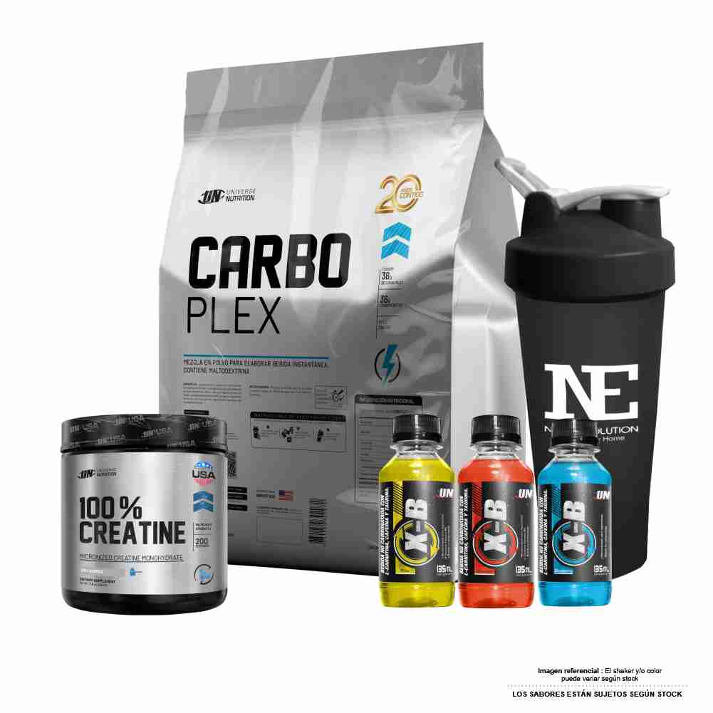 COMBO UNIVERSE NUTRITION - CARBO PLEX 5 KG. NARANJA + 100% CREATINE 500 GR. + SHAKER - 1