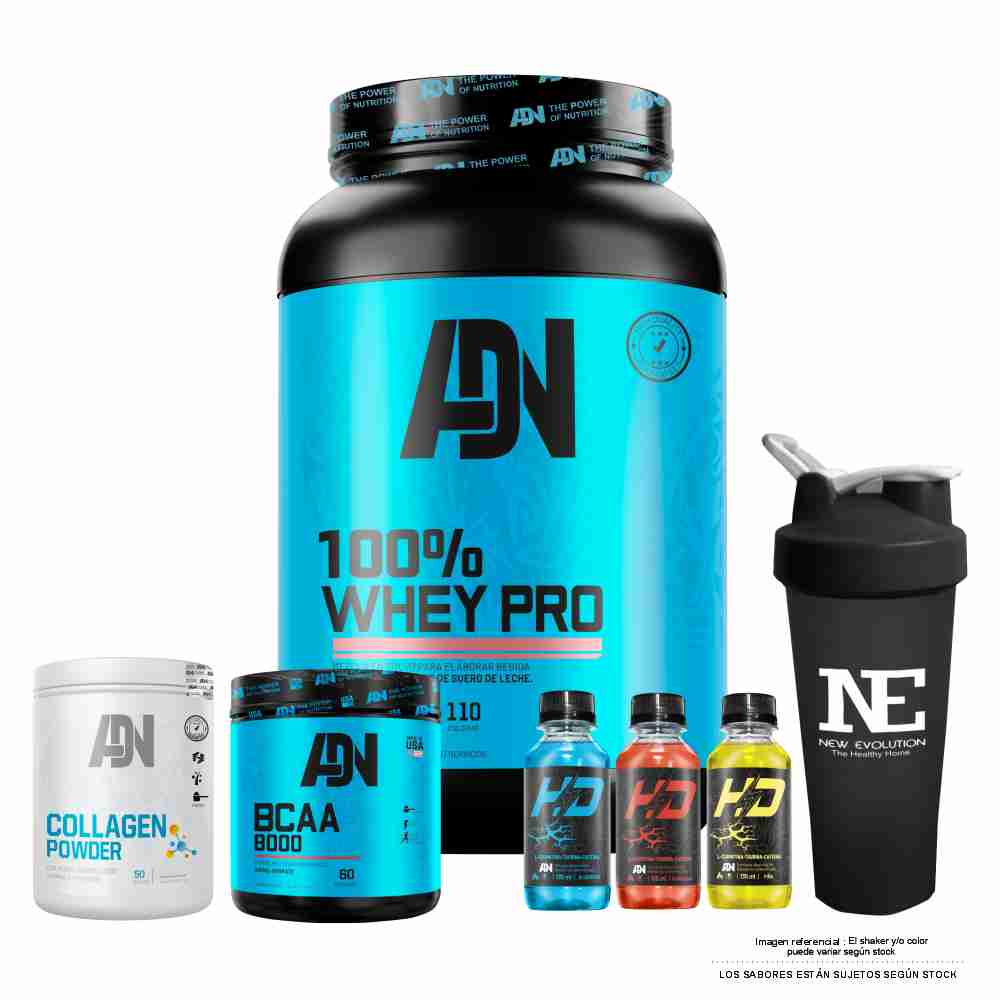 COMBO ADN NUTRITION - 100% WHEY PRO 1.100 KG. VAINILLA + BCAA 8000 540 GR. MANZANA + COLLAGEN POWDER 500 GR. NARANJA + SHAKER - 1