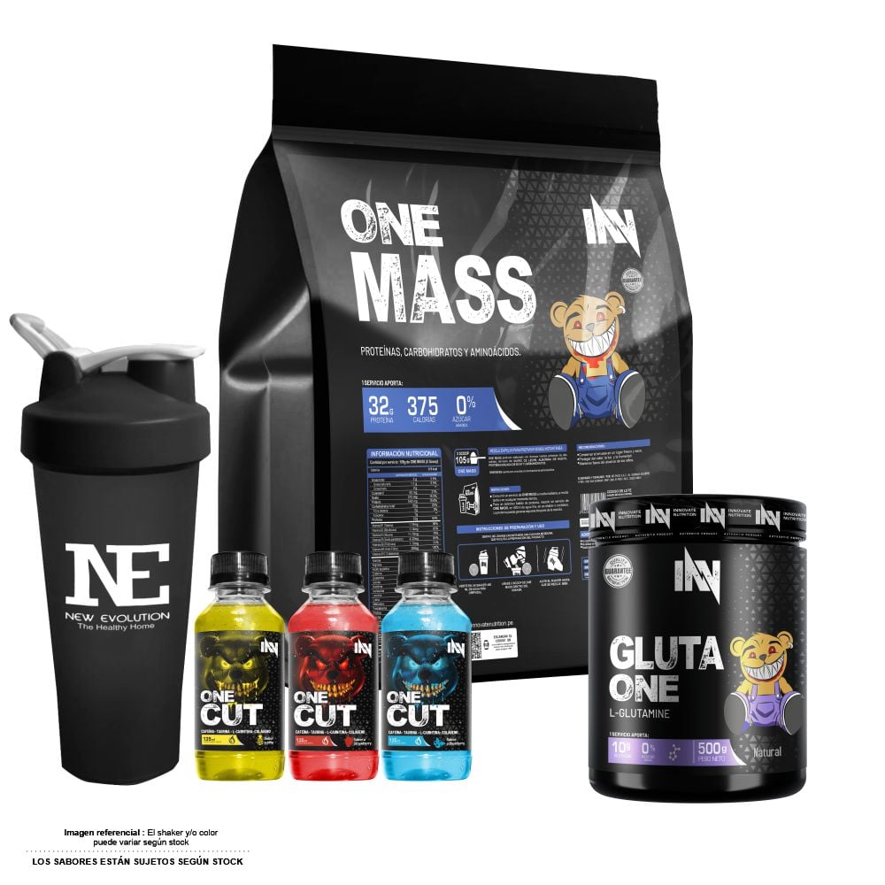 COMBO INNOVATE NUTRITION - ONE MASS 3 KG. CHOCOLATE + GLUTA ONE 500 GR. + SHAKER - 1