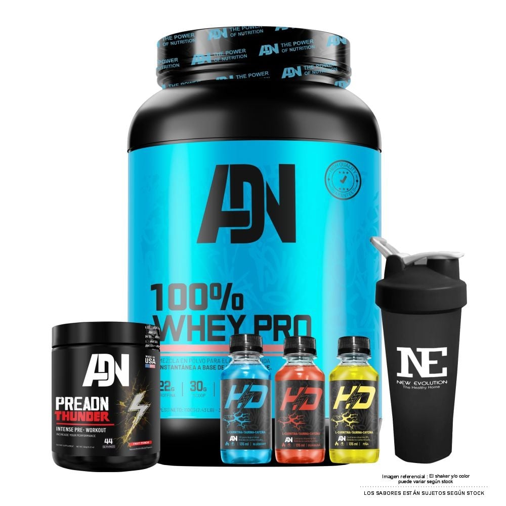 COMBO ADN NUTRITION - 100% WHEY PRO  1.100 KG. CHOCOLATE + PRE ADN THUNDER 352 GR. FRUIT PUNCH + SHAKER - 1