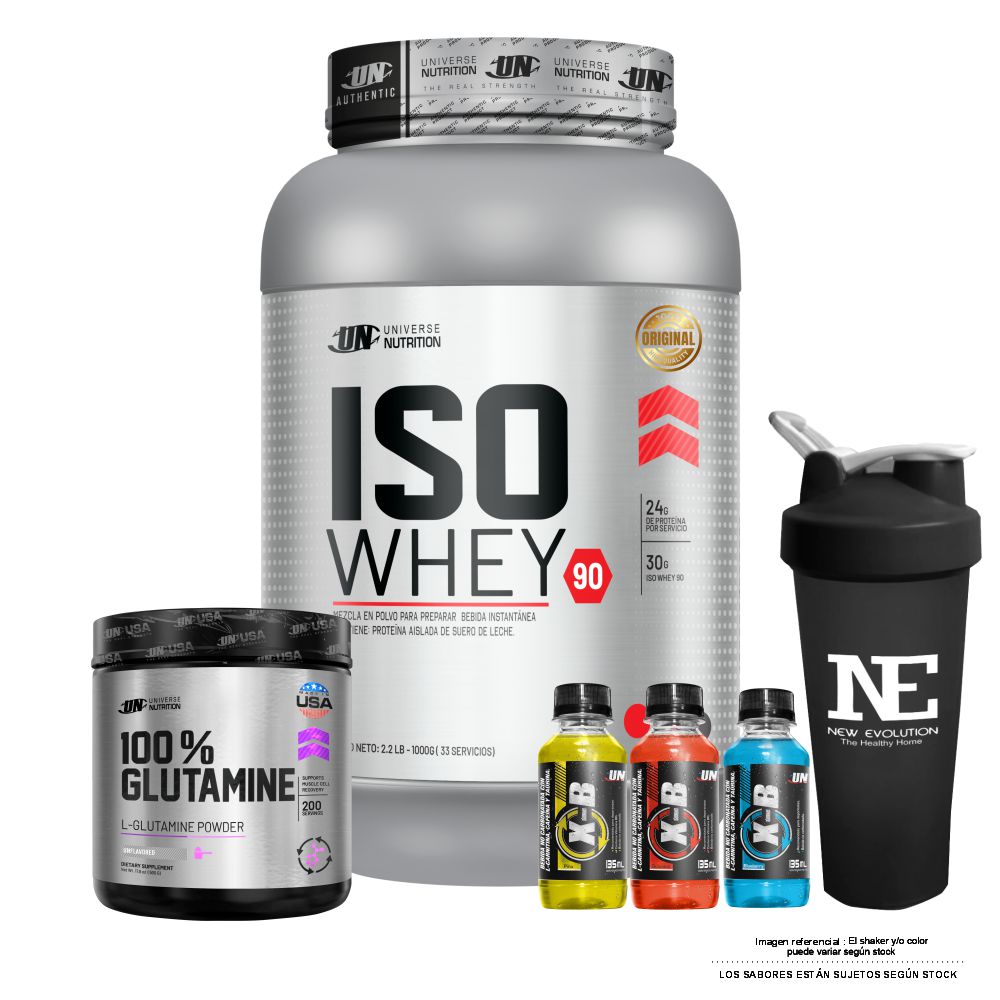COMBO UNIVERSE NUTRITION - ISO WHEY 90 1 KG. CHOCOLATE + 100% GLUTAMINE 500 GR. + SHAKER - 1