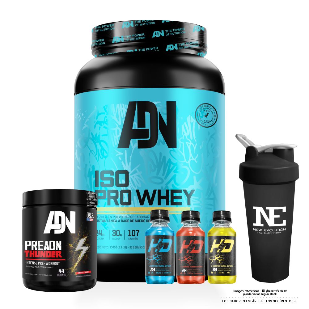 COMBO ADN NUTRITION - ISO PRO WHEY 1 KG. VAINILLA + PRE ADN THUNDER 352 GR. UVA + SHAKER - 1