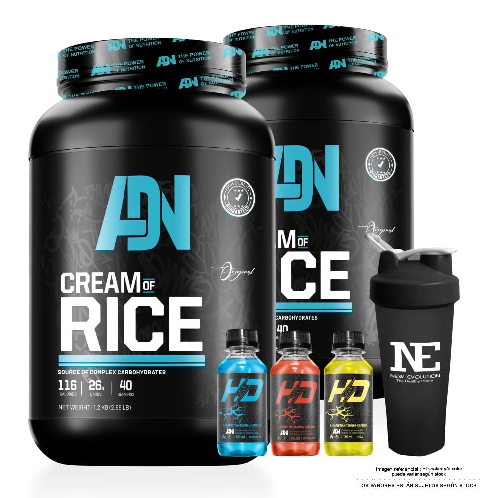 COMBO ADN NUTRITION - 2 CREAM OF RICE 1.2 KG. CHOCOLATE + SHAKER - 1