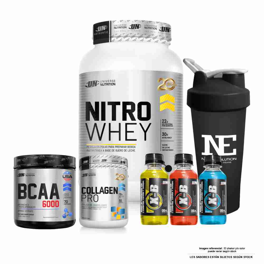 COMBO UNIVERSE NUTRITION - NITRO WHEY 1.100 KG. VAINILLA +BCAA 6000 490 GR. FRUITPUNCH + COLLAGEN PRO 500 GR. SANDIA +SHAKER - 1