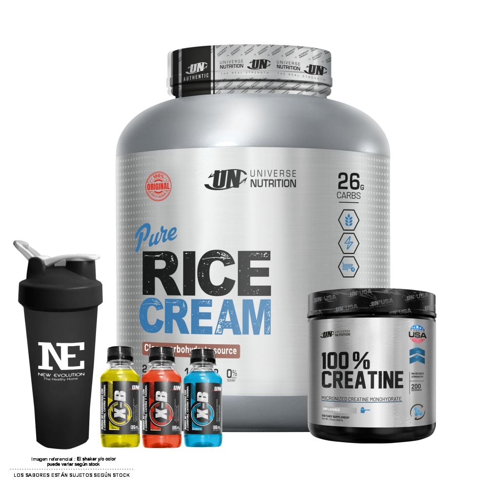 COMBO UNIVERSE NUTRITION - PURE RICE CREAM 2.5 KG. VAINILLA + 100% CREATINE 500 GR. + SHAKER - 1