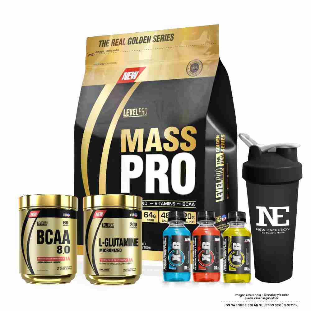 COMBO LEVEL PRO - MASS PRO 15 LIBRAS COOKIE + BCAA 8.0 540GR. FRUIT PUNCH + GLUTAMINE 500 GR. + SHAKER - 1