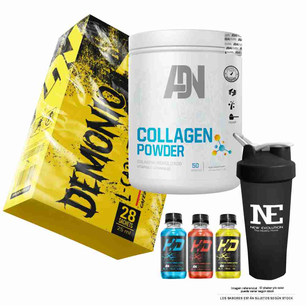 COMBO ADN NUTRITION - COLLAGEN POWDER 500 GR. NARANJA + DEMONIO CAJA 28 UNID. MARACUYÁ + SHAKER - 1