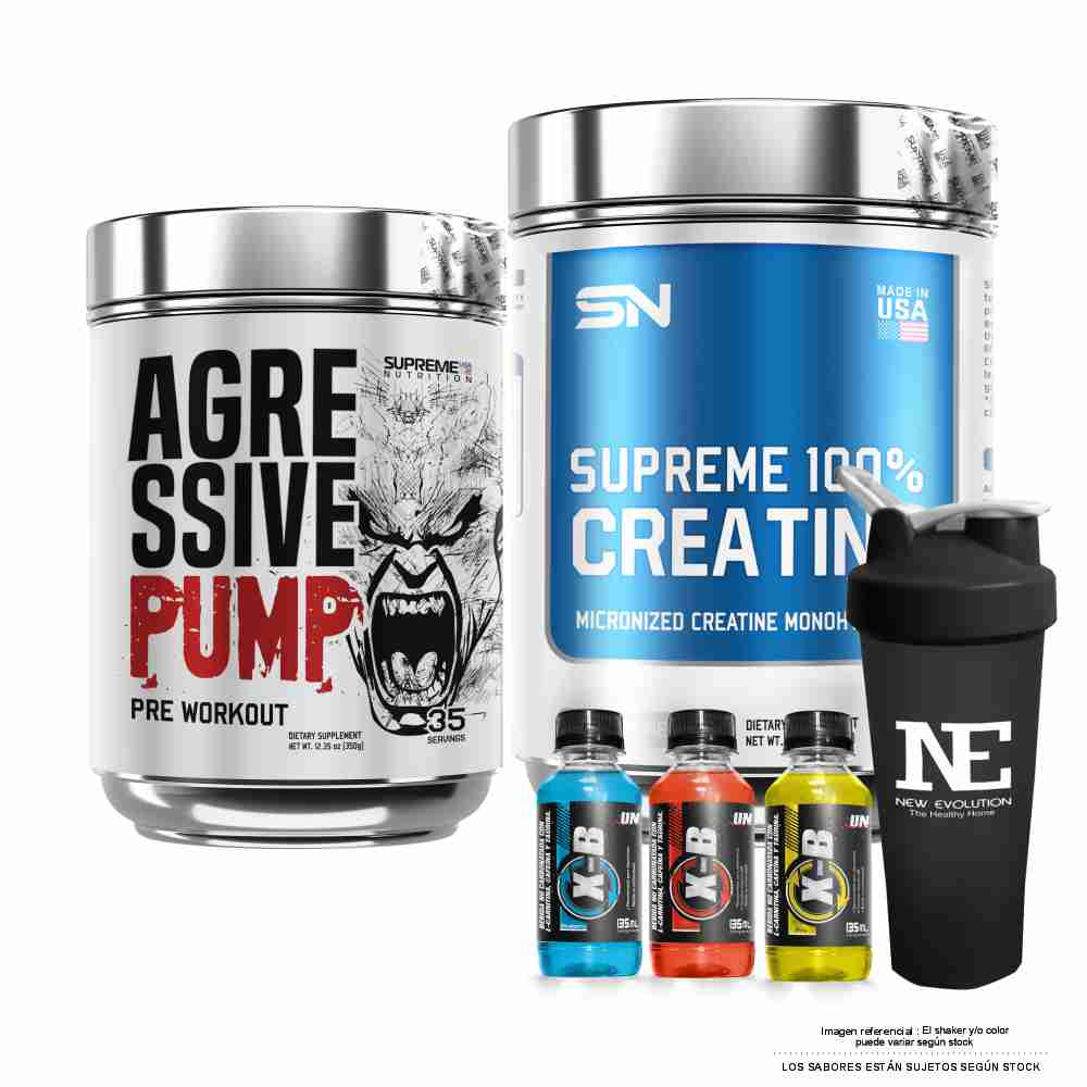COMBO SUPREME NUTRITION - AGRESSIVE PUMP 350 GR. FRUIT PUNCH + SUPREME 100% CREATINE 500 GR. + SHAKER - 1