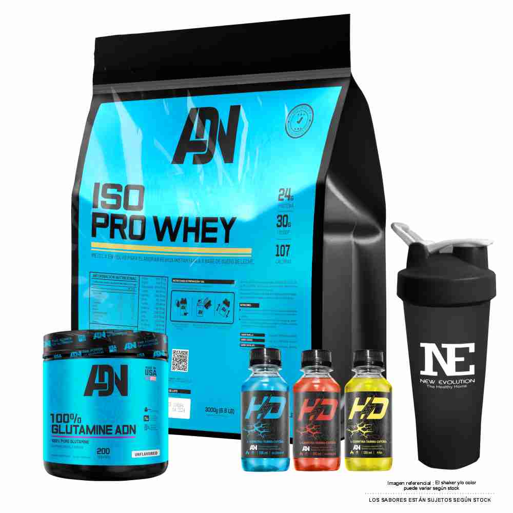 COMBO ADN NUTRITION - ISO PRO WHEY 5 KG. VAINILLA + 100% GLUTAMINE ADN 500 GR. NATURAL + SHAKER - 1