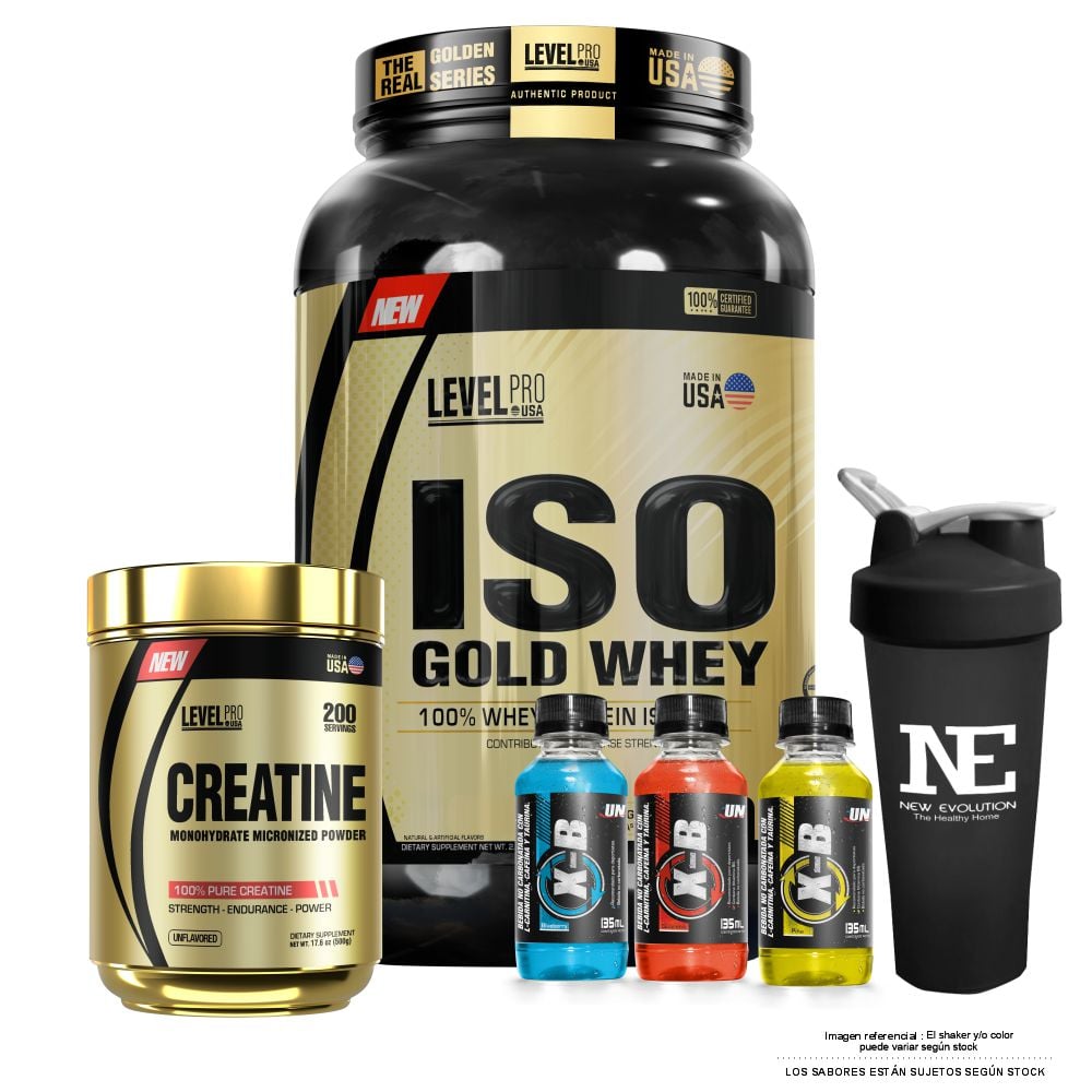 COMBO LEVEL PRO - ISO GOLD WHEY 2.43 LIBRAS CHOCOLATE + CREATINE 500 GR. + SHAKER - 1