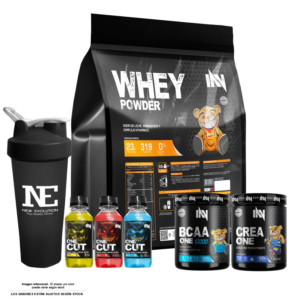 COMBO INNOVATE NUTRITION - WHEY POWDER 5 KG. VAINILLA + CREA ONE 500 GR. + BCAA ONE 12000 500 GR. NARANJA + SHAKER - 1