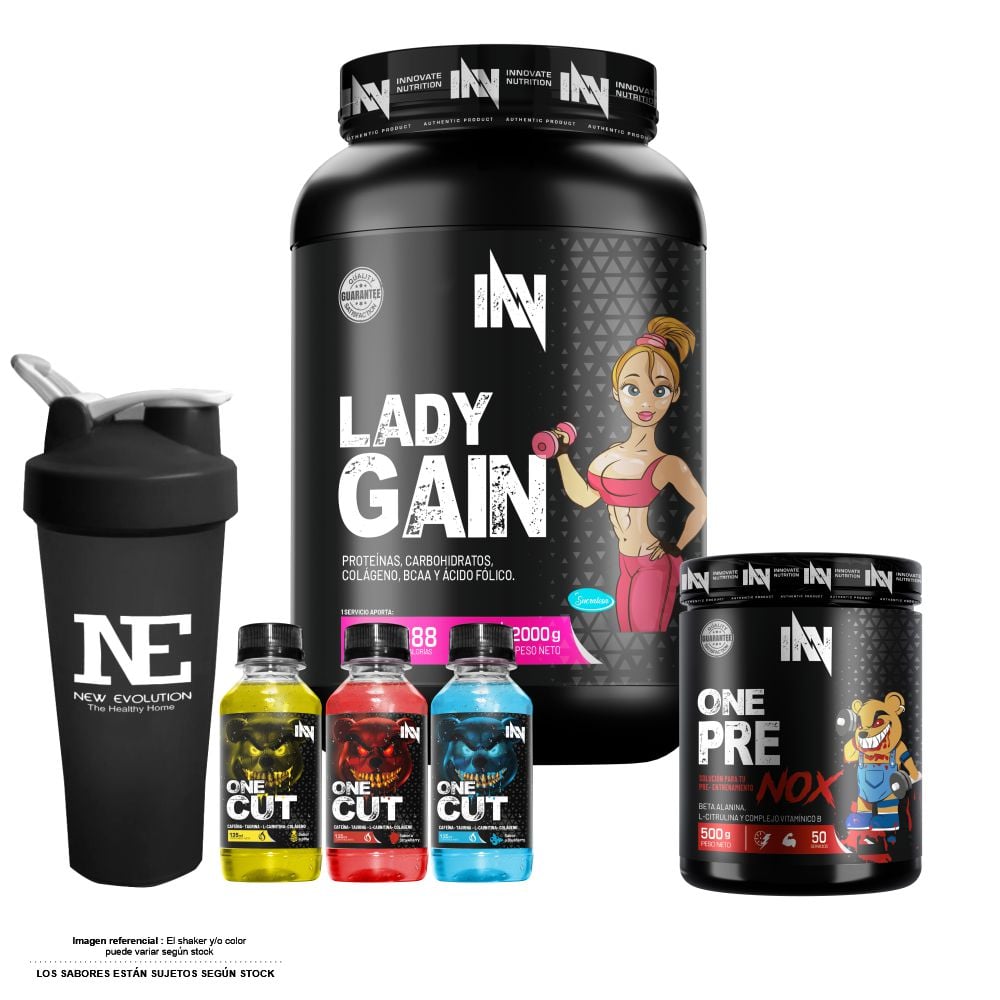COMBO INNOVATE NUTRITION - LADY GAIN 2 KG. CHOCOLATE + ONE PRE NOX 500 GR. FRUIT PUNCH + SHAKER - 1