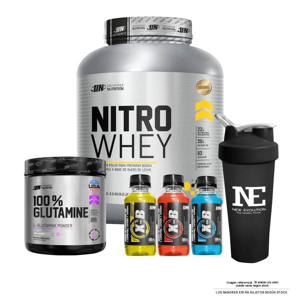 COMBO UNIVERSE NUTRITION - NITRO WHEY 2.5 KG. CHOCOLATE + 100% GLUTAMINE 500 GR. + SHAKER - 1