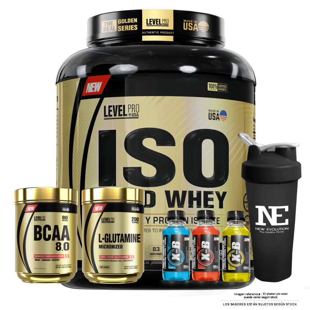 COMBO LEVEL PRO - ISO GOLD WHEY 5.5 LIBRAS VAINILLA CREAM + BCAA 8.0 540GR. CITRUS PUNCH + GLUTAMINE 500 GR. + SHAKER - 1
