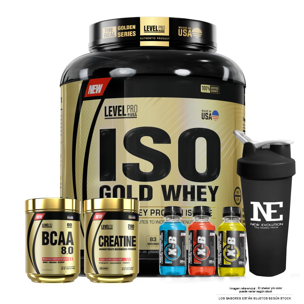 COMBO LEVEL PRO - ISO GOLD WHEY 5.5 LIBRAS CHOCOLATE + BCAA 8.0 540GR. CITRUS PUNCH + CREATINE 500 GR. + SHAKER - 1