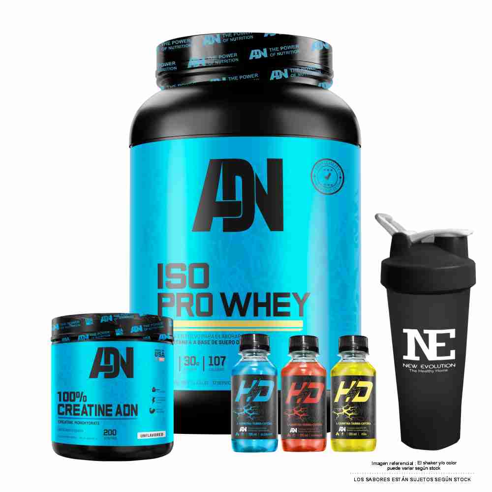 COMBO ADN NUTRITION - ISO PRO WHEY 1.100 KG. VAINILLA + 100% CREATINE ADN 500 GR. + SHAKER - 1