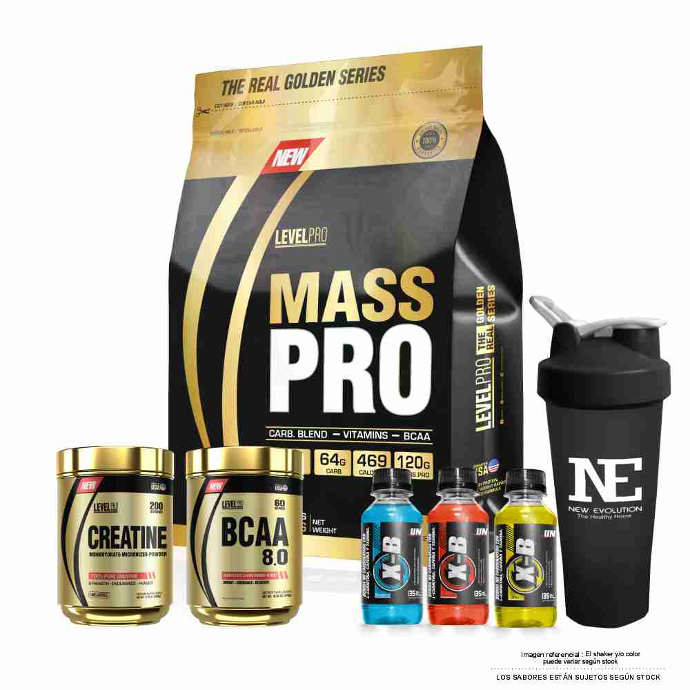 COMBO LEVEL PRO - MASS PRO 15 LIBRAS COOKIE + BCAA 8.0 540GR. FRUIT PUNCH + CREATINE 500 GR. + SHAKER - 1
