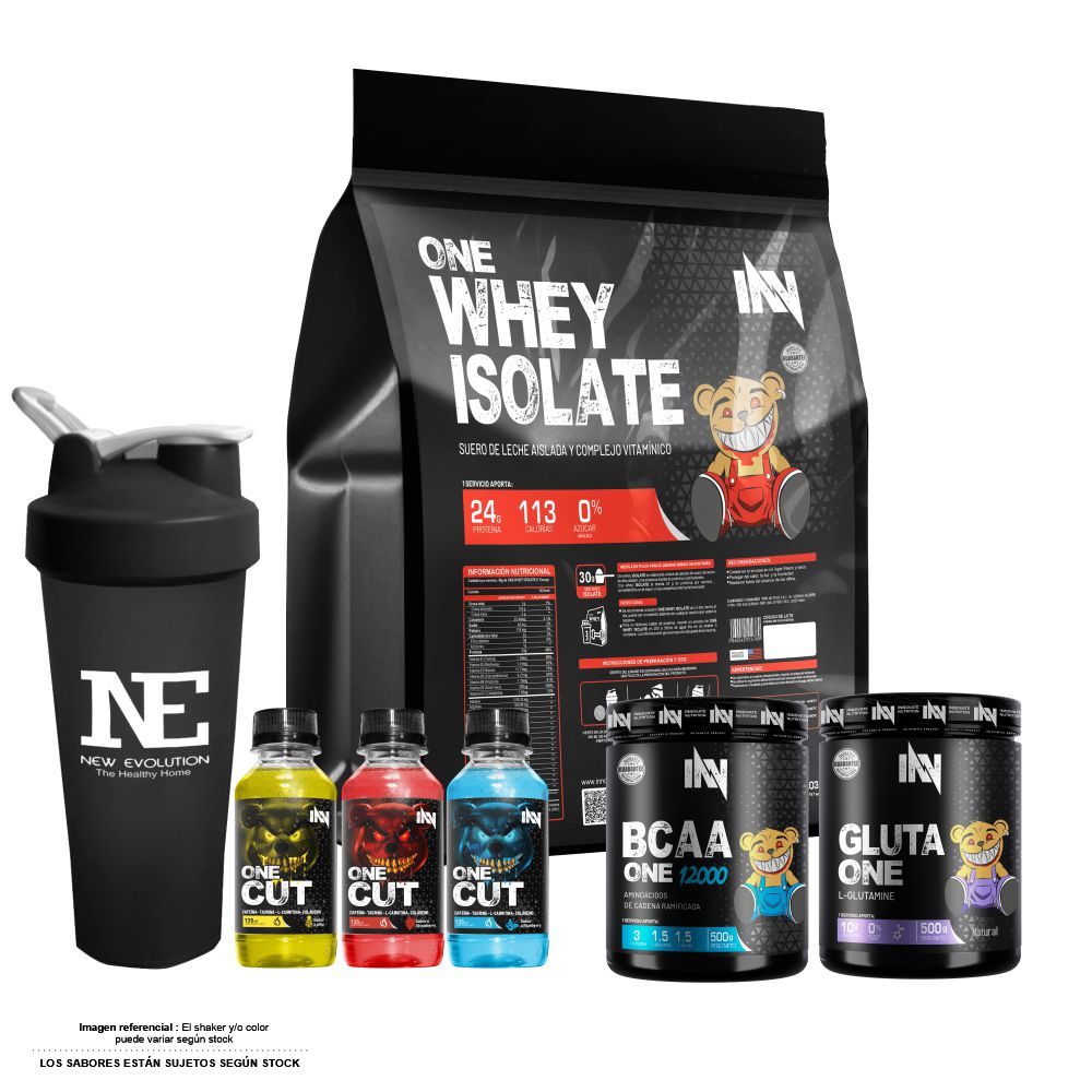 COMBO INNOVATE NUTRITION - ONE WHEY ISOLATE 5 KG. CHOCOLATE + GLUTA ONE 500 GR. + BCAA ONE 12000 500 GR. FRUIT PUNCH + SHAKER - 1