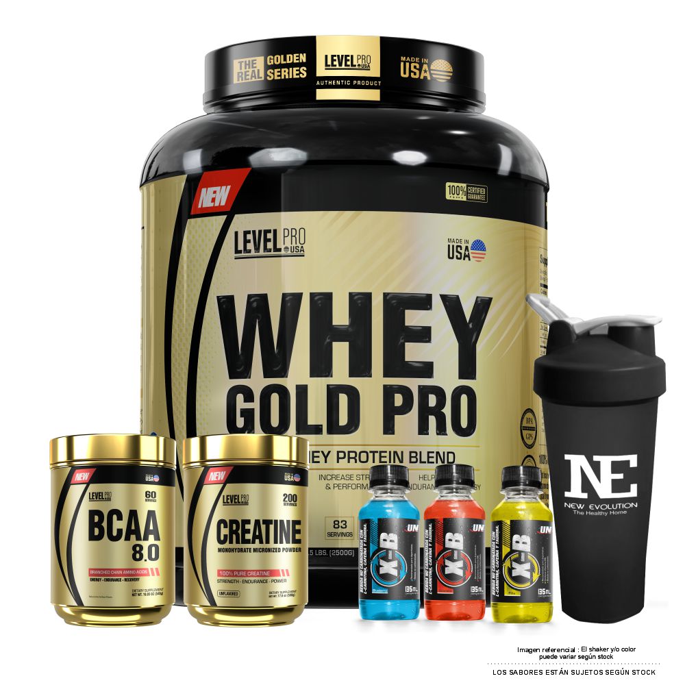 COMBO LEVEL PRO - WHEY GOLD PRO 5.5 LIBRAS VAINILLA CREAM + BCAA 8.0 540GR. FRUIT PUNCH + CREATINE 500 GR. + SHAKER - 1