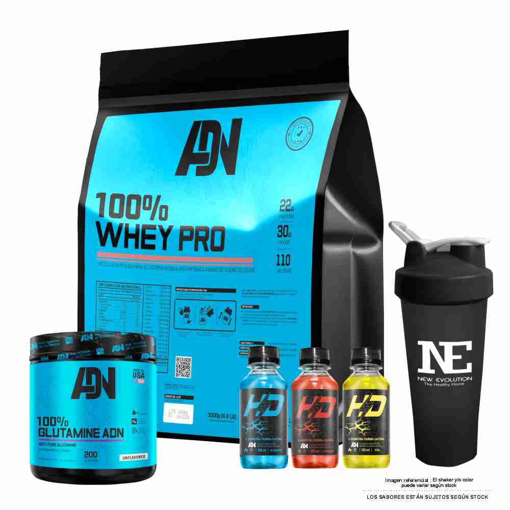 COMBO ADN NUTRITION - 100% WHEY PRO 5 KG. COOKIE + 100% GLUTAMINE ADN 500 GR. NATURAL + SHAKER - 1