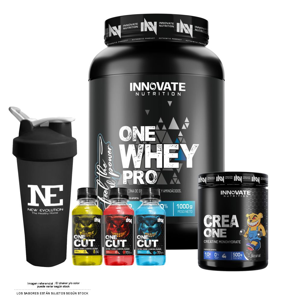COMBO INNOVATE NUTRITION - ONE WHEY PRO 1 KG. CHOCOLATE + CREA ONE 500 GR. + SHAKER - 1