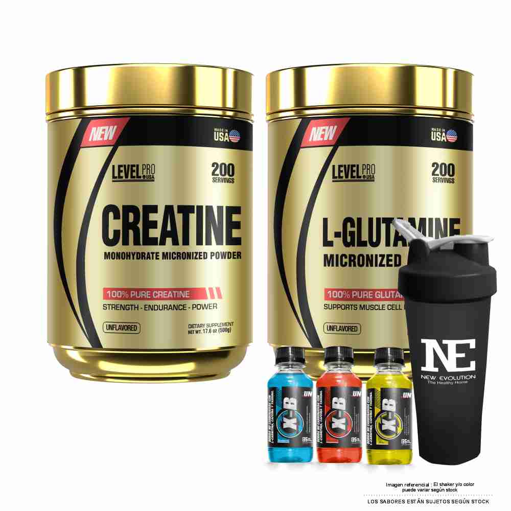 COMBO LEVEL PRO - GLUTAMINE 500 GR. + CREATINE 500 GR. + SHAKER - 1