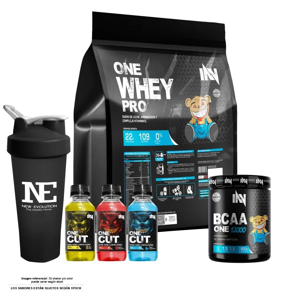 COMBO INNOVATE NUTRITION - ONE WHEY PRO 5 KG. CHOCOLATE + BCAA ONE 12000 500 GR. FRUIT PUNCH + SHAKER - 1