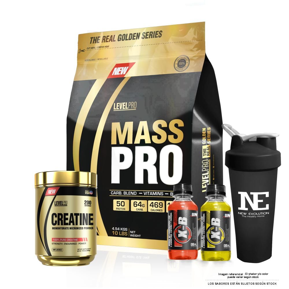 COMBO LEVEL PRO - MASS PRO 10 LIBRAS VAINILLA CREAM + CREATINE 500 GR. + SHAKER - 1